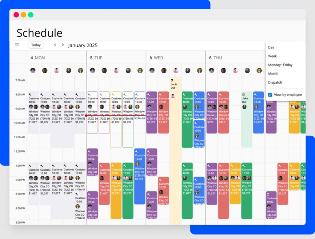 A mockup of Housecall Pro's booking calendar with a monthly view of an employee's schedule.