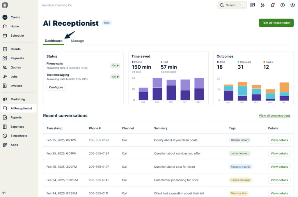 A mockup of Jobber's AI Receptionist Dashboard showing an overview of call statuses, time saved, outcomes, and recent conversations.