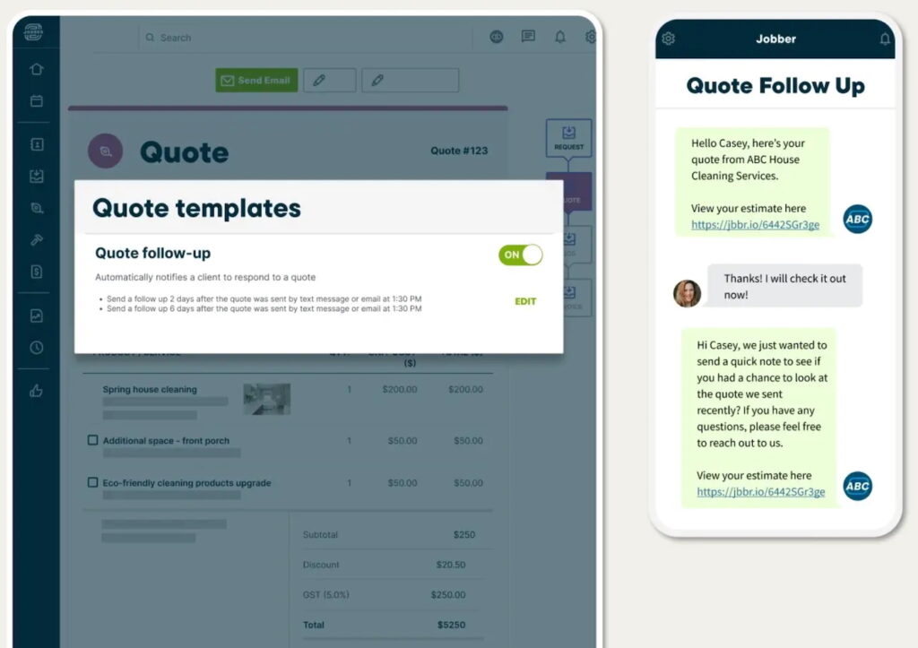 An example of Jobber's automatic quote follow-up feature with a text message notifying a client to respond to a quote.