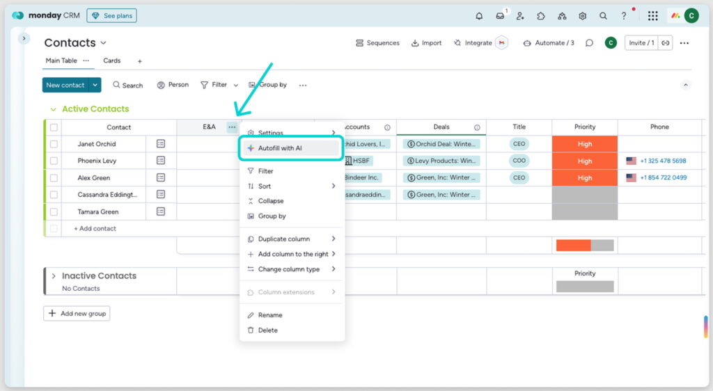 A mockup of monday CRM's contact management system with the option to autofill a column using AI.