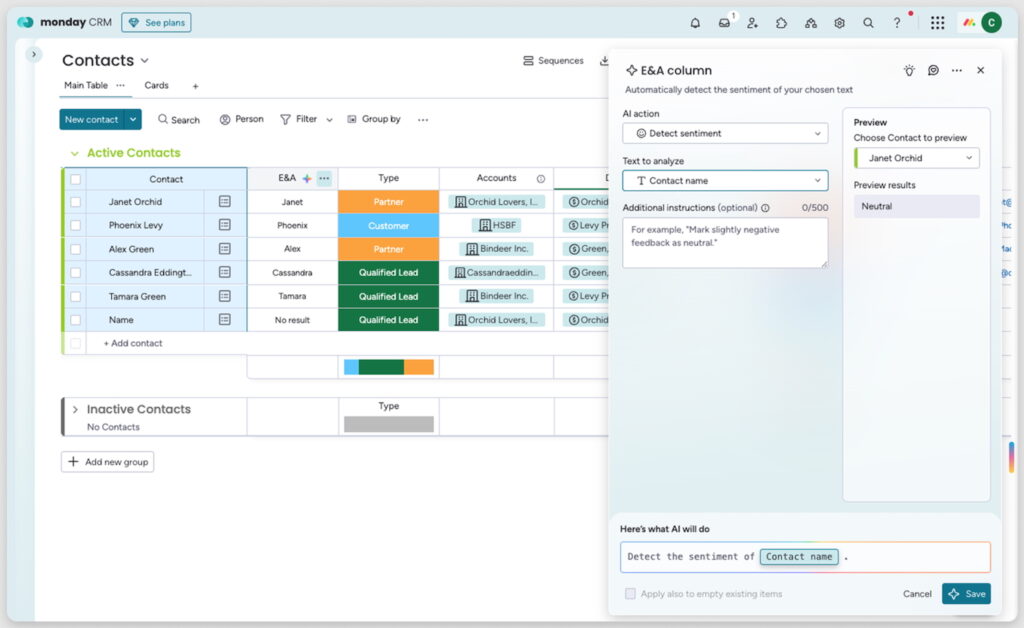 A mockup of monday CRM's contact management system with the AI Detect Sentiment feature.