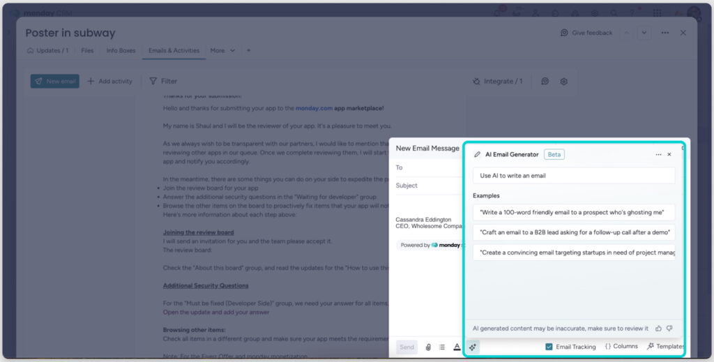 An example of an AI-generated email from monday CRM's Emails & Activities tab.