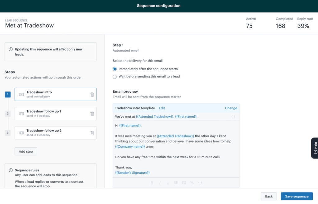 An example of Zendesk Sell's email sequence for lead engagement.