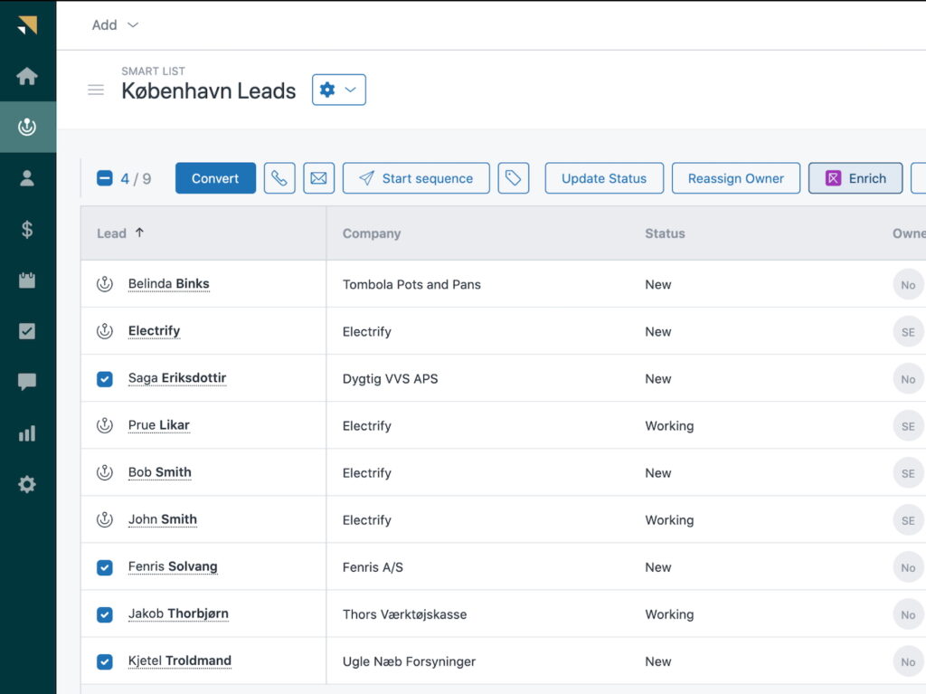 A mockup of Zendesk Sell's smart list with a button for bulk contact enrichment.