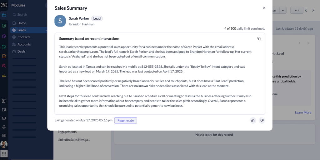 An example of Zoho CRM's Zia AI tool generating a sales summary based on recent customer interactions.