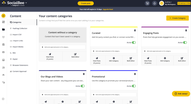 Various content categories inside the SocialBee platform.
