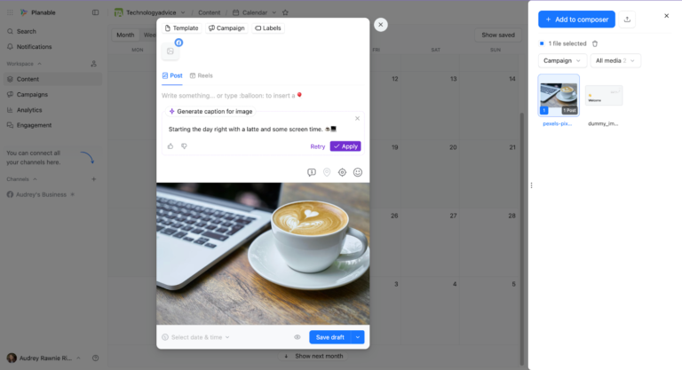 Planable's social media scheduling feature and AI caption writer.
