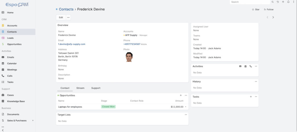 EspoCRM contact record showing customer information, account details, activities, tasks, and a closed-won opportunity.