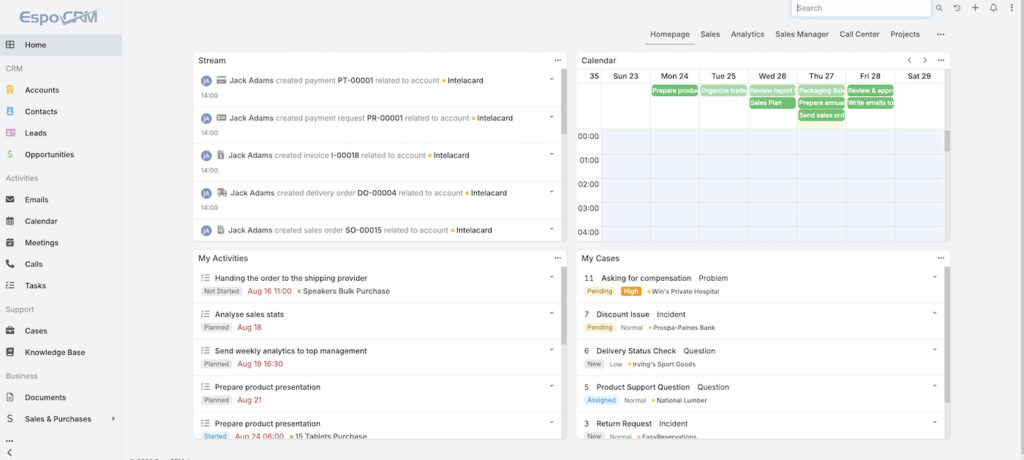 EspoCRM dashboard showing an activity stream, calendar, tasks, and customer support cases.