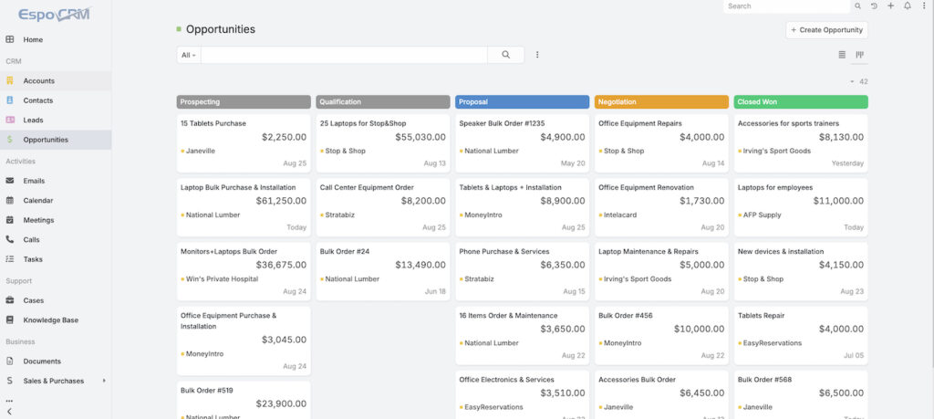 EspoCRM opportunity pipeline with deals organized under prospecting, qualification, proposal, negotiation, and closed-won stages.
