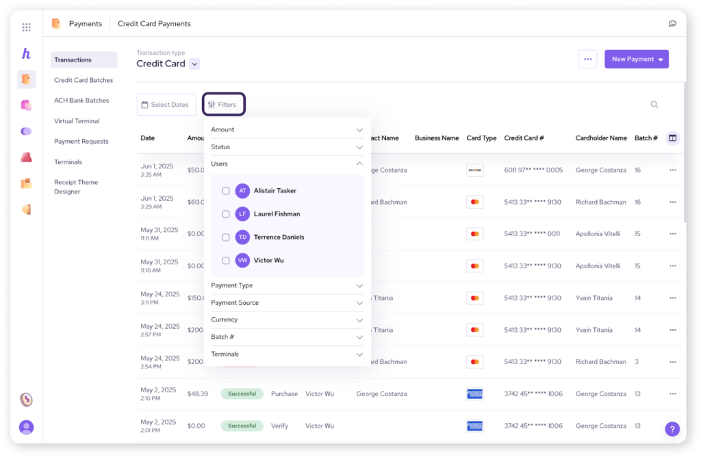 Helcim’s dashboard lets you filter credit card payments by user, status, amount, payment type, and more, making it easy to review transactions across mobile and in-store sales.