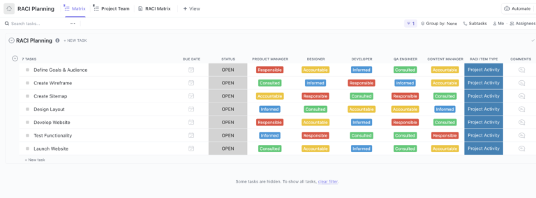 ClickUp RACI chart view showing project tasks with Responsible, Accountable, Consulted, and Informed roles color-coded for each team member.
