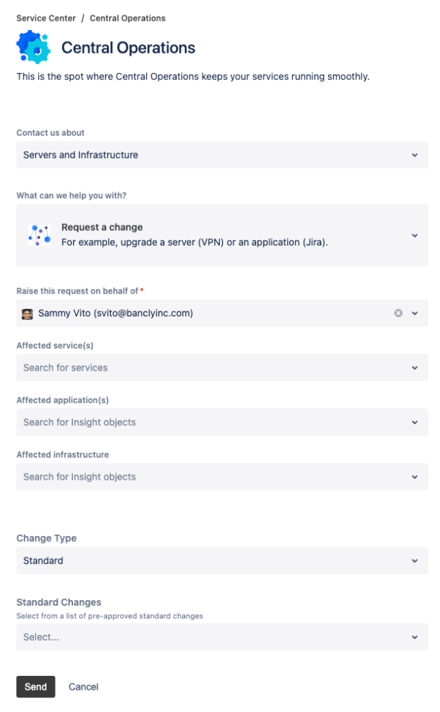 Jira Service Management form interface showing options to request a change for servers, applications, or infrastructure with fields for affected services, change type, and pre-approved standard changes.