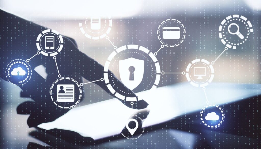 Businessman Hand Using Tablet With Digital Antivirus Interface.
