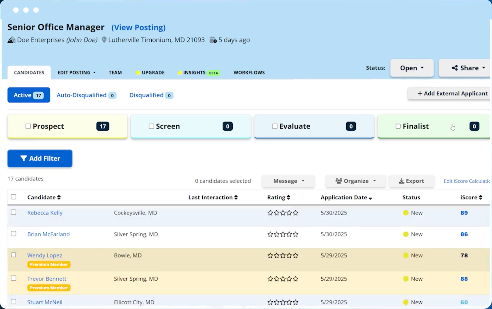 iHire’s candidate screening system calculates an iScore that shows which candidates are the best fit for that particular role.