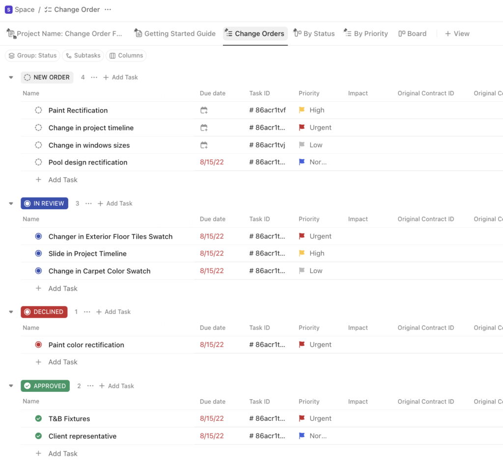Screenshot of ClickUp change order board view displaying grouped sections labeled New Order, In Review, Declined, and Approved with task names, due dates, and priorities.