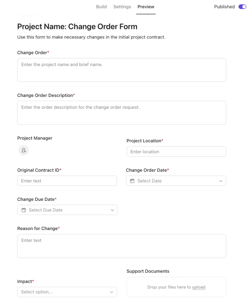 Screenshot of ClickUp change order form with fields for project name, location, change description, contract ID, due date, reason for change, and document uploads.