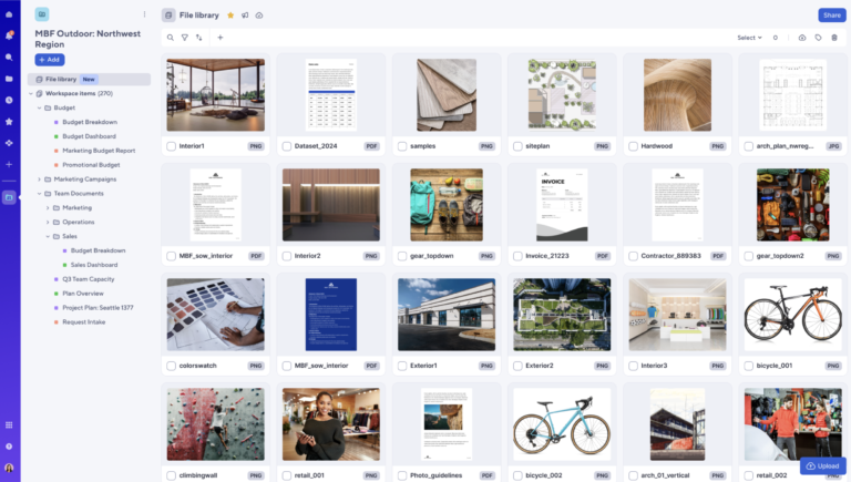 Smartsheet File Library interface displaying project documents, images, and PDFs under a workspace with folders for budgeting and team files.