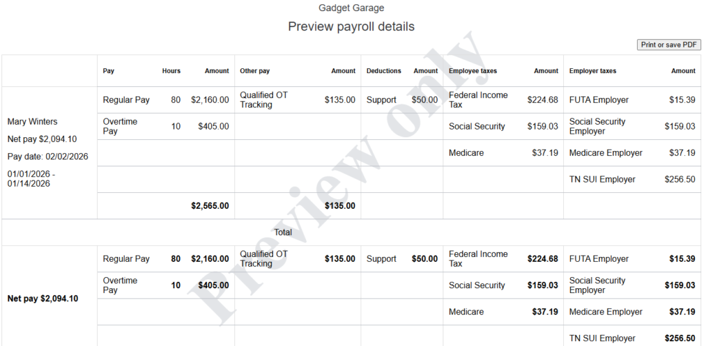 A QuickBooks Payroll pay details report in preview mode.
