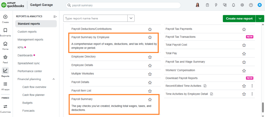 QuickBooks Payroll report module with the payroll summary options highlighted in orange boxes.