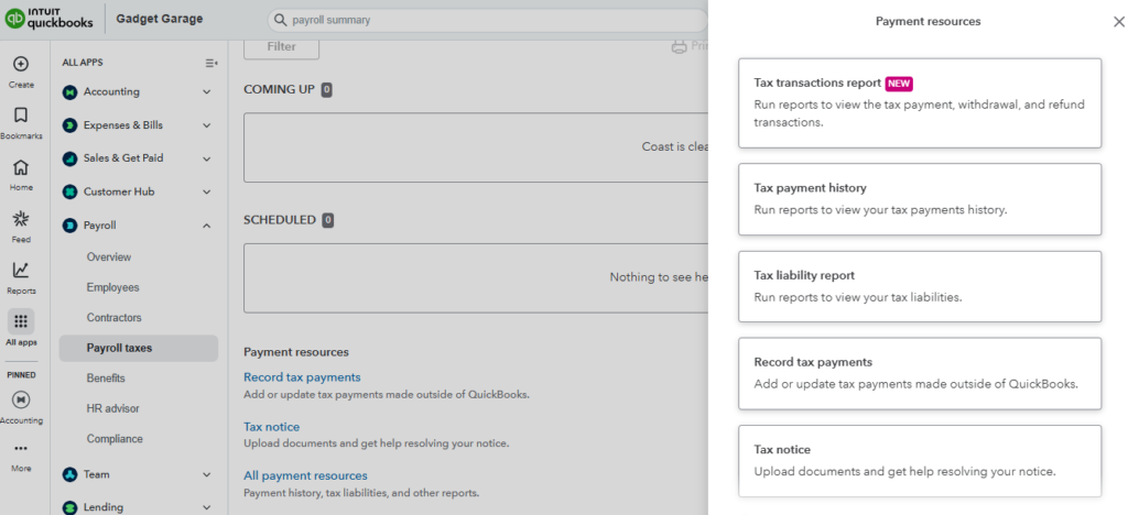 QuickBooks Payroll's payroll taxes dashboard with a list of available tax reports for download.