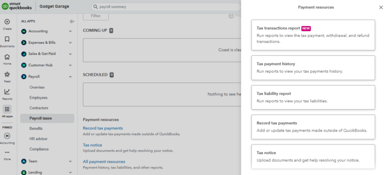 QuickBooks Payroll's payroll taxes dashboard with a list of available tax reports for download.
