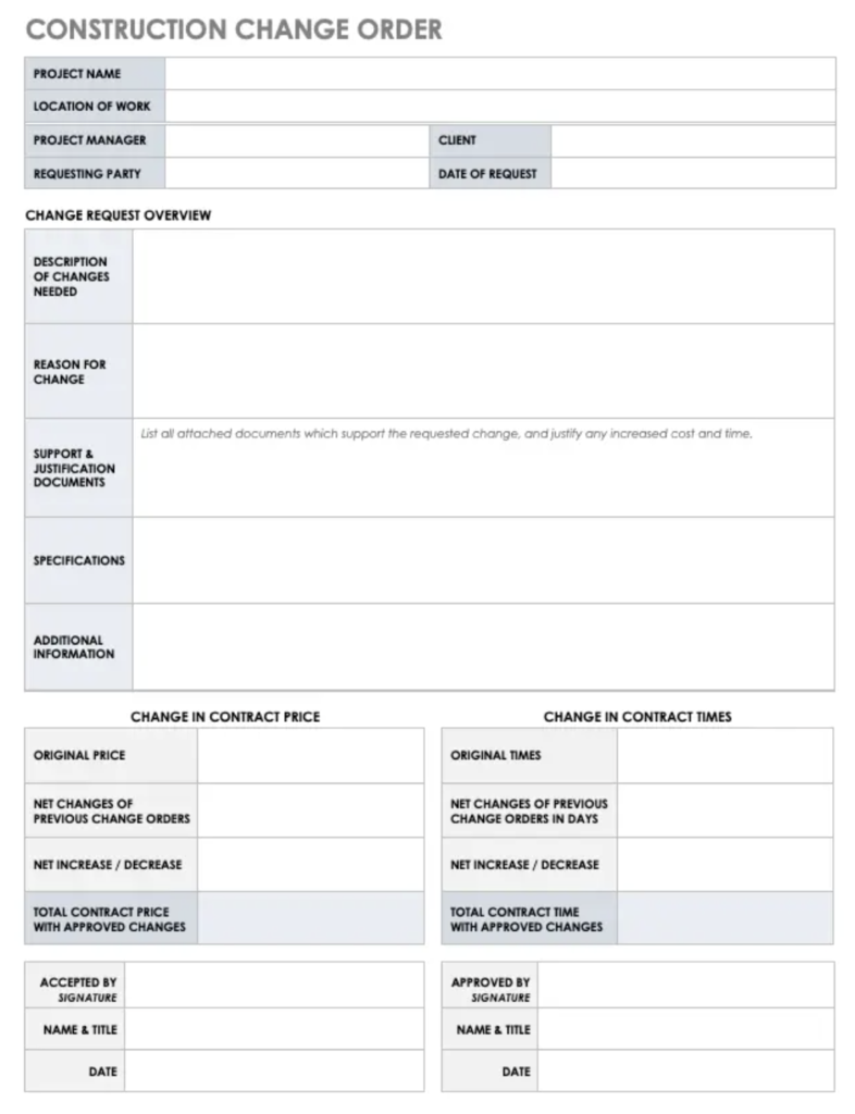 Screenshot of Smartsheet construction change order form showing fields for project details, change descriptions, cost adjustments, time extensions, and approval signatures.