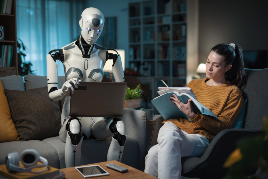 An AI robot helping out a human on daily tasks.