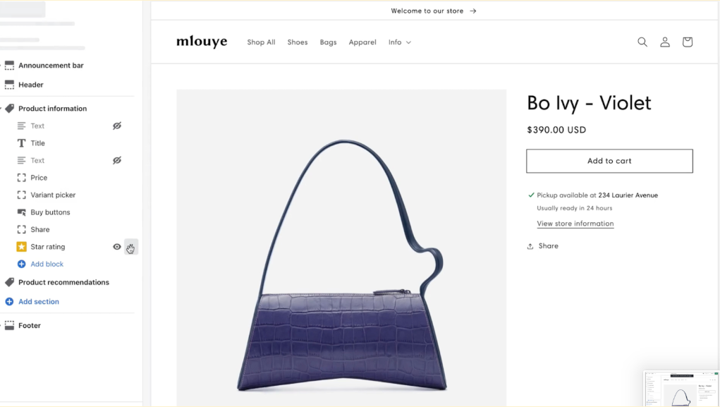 Shopify product page editor displaying a handbag product listing with price, add-to-cart button, and layout blocks in the admin dashboard.