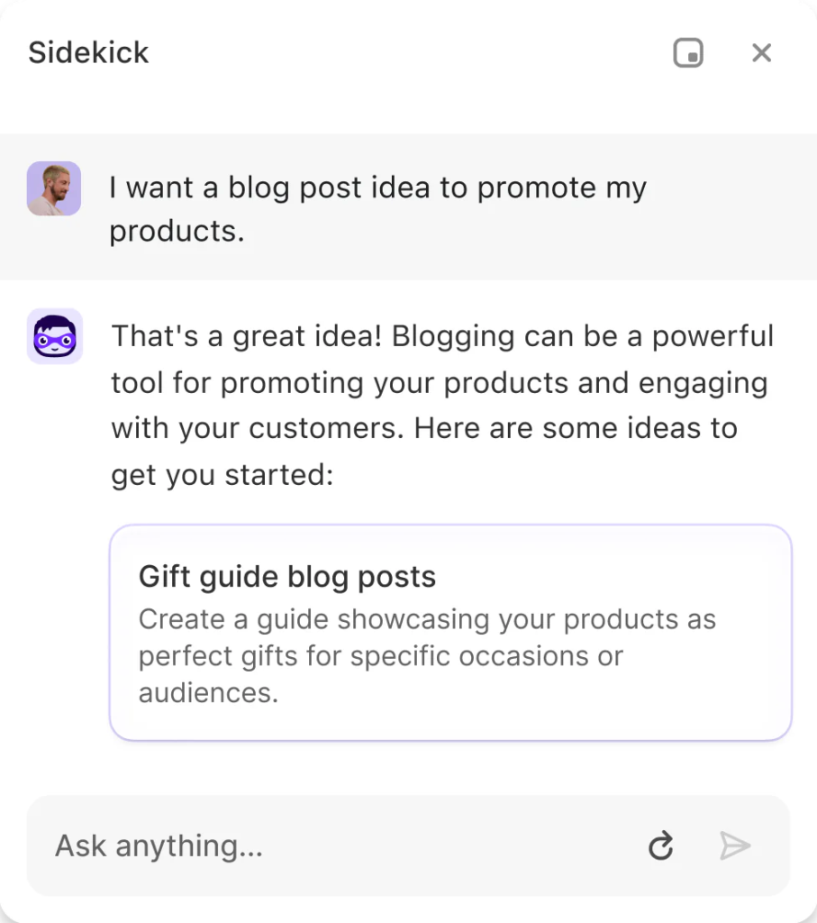 Shopify Sidekick AI assistant suggesting blog post ideas inside the Shopify admin dashboard.