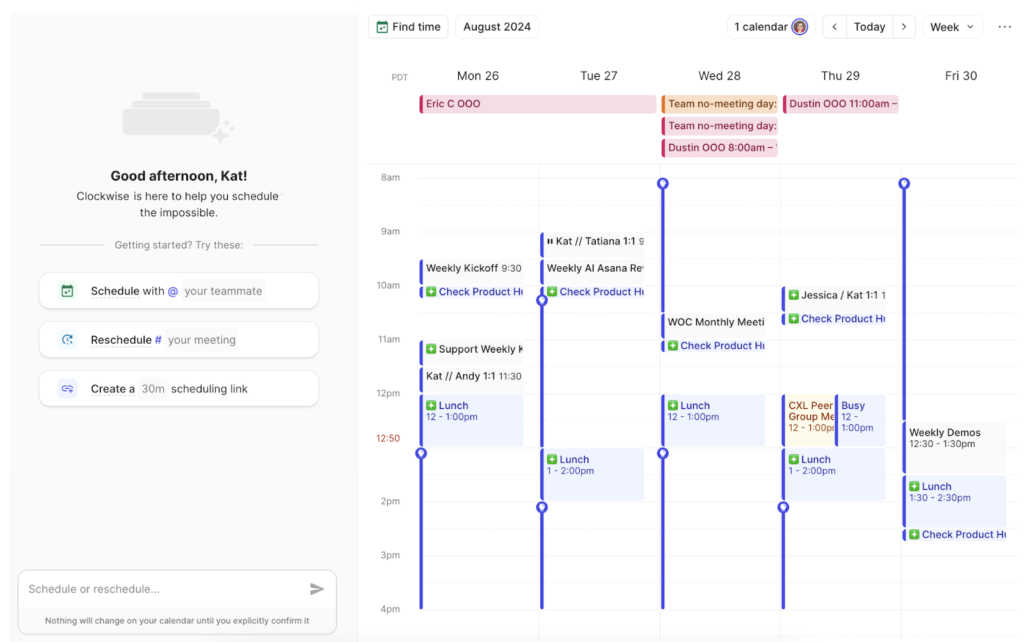 Calendar view showing color-coded meetings, one-on-one sessions, and AI suggestions for scheduling within a weekly work schedule.