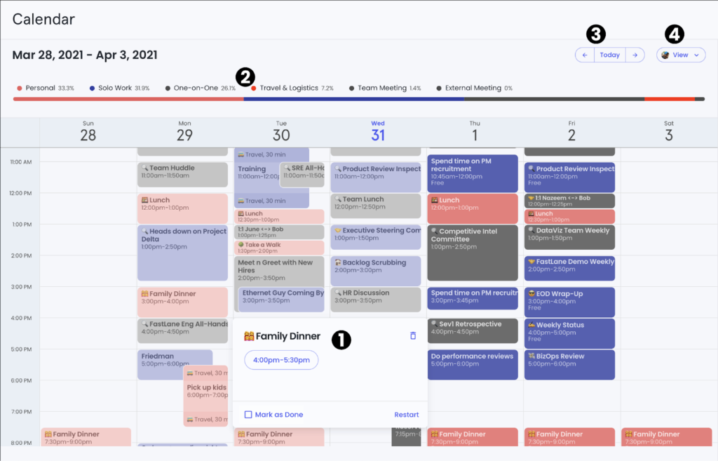 Weekly calendar with color-coded events representing personal tasks, solo work, one-on-one meetings, travel, team meetings, and external appointments.
