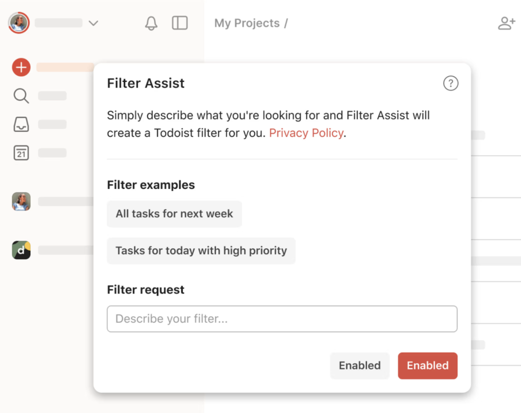 Filter Assist window displaying examples and an input box for generating personalized task filters.