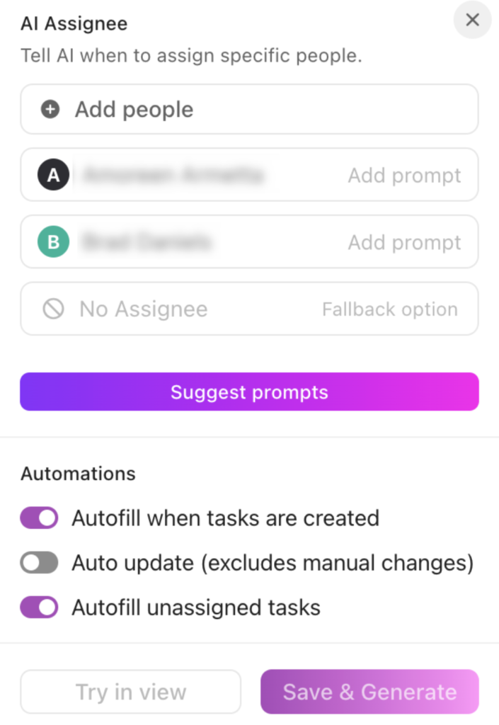 AI Assignee settings panel showing options to add people, set prompts, and enable automation for autofilling new or unassigned tasks.