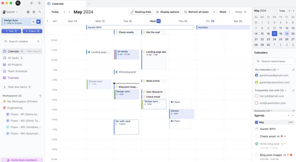 Calendar view showing a week of scheduled meetings, project tasks, and synced personal events organized by time slots.