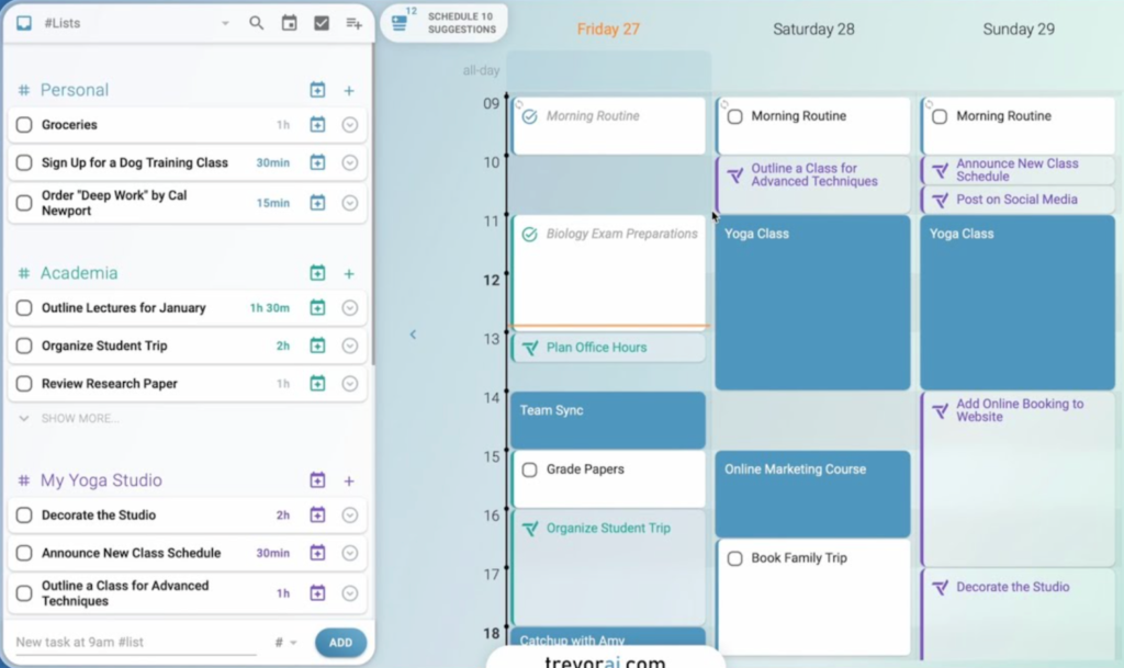 Dashboard showing personal, academic, and work-related task lists beside a color-coded calendar with scheduled activities and meetings.