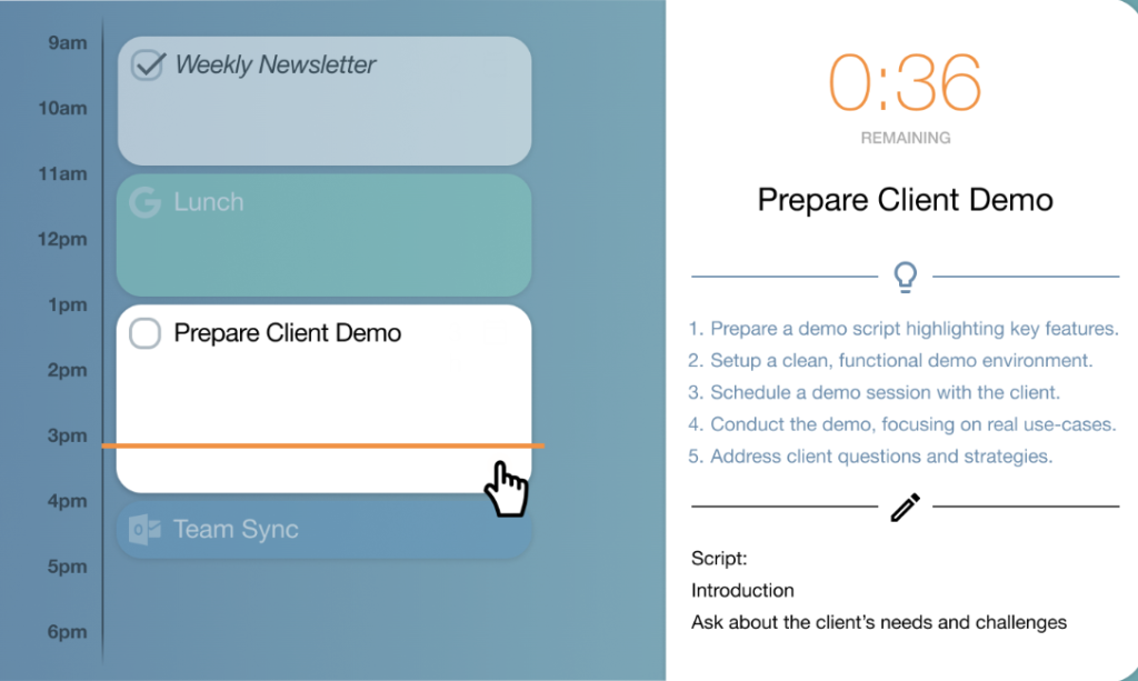 Calendar view highlighting an active task titled “Prepare Client Demo” with a timer and detailed task instructions on the right panel.