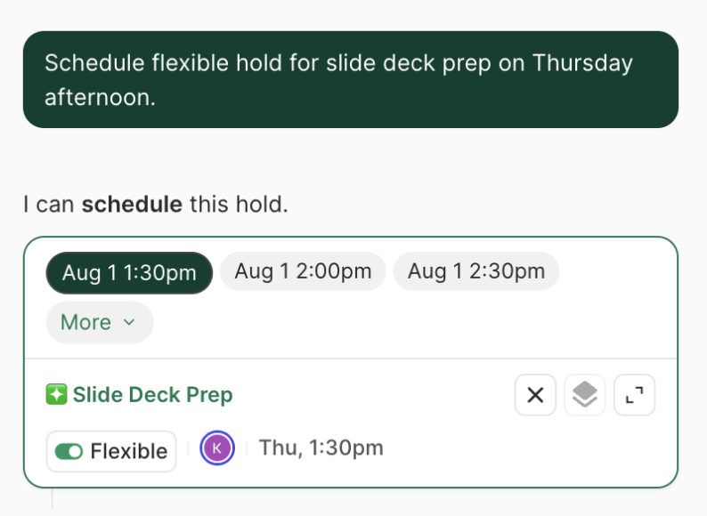 Scheduling interface showing AI-suggested time options for a flexible hold titled “Slide Deck Prep” on Thursday afternoon.