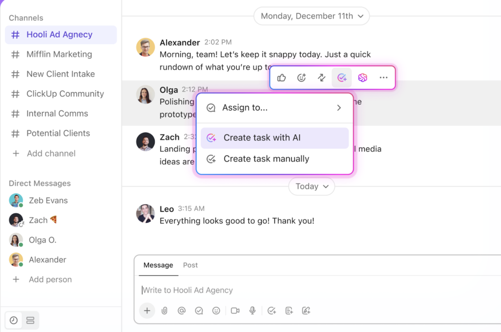 Chat interface in ClickUp with a dropdown menu highlighting the option to create a task using AI directly from a team conversation.