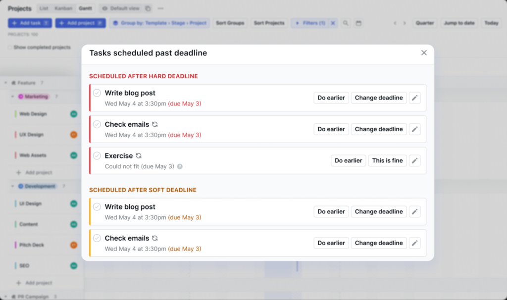 Pop-up showing a list of overdue tasks with color-coded sections for hard and soft deadlines, including buttons to change or reschedule each task.