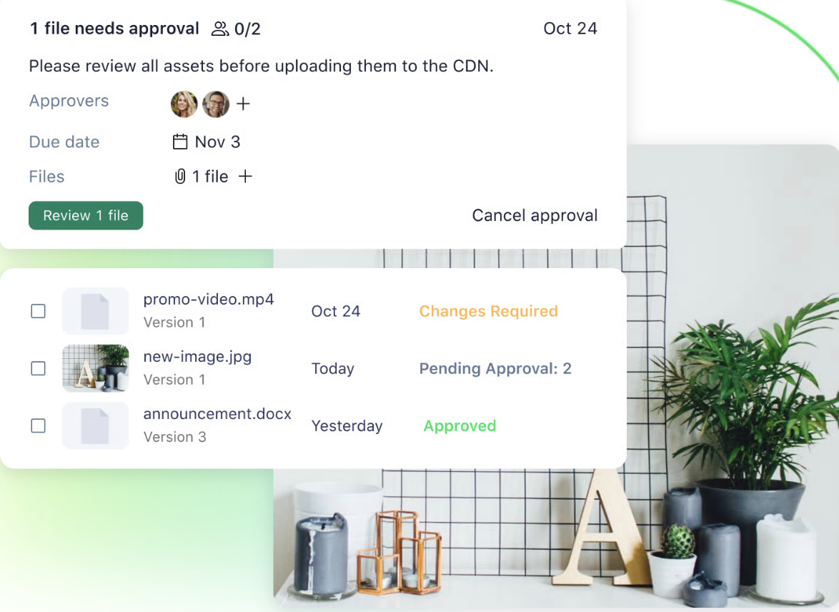 Wrike approvals dashboard showing file review status, approvers, version comparisons, and proofing comments for streamlined feedback management.