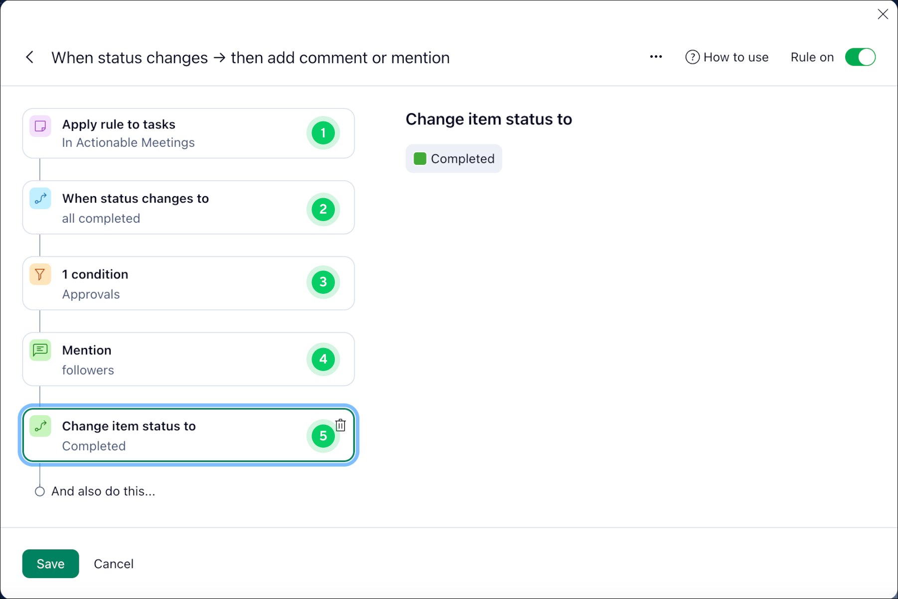 Wrike automation rule interface displaying when status changes trigger actions such as mentions and automatic status updates.