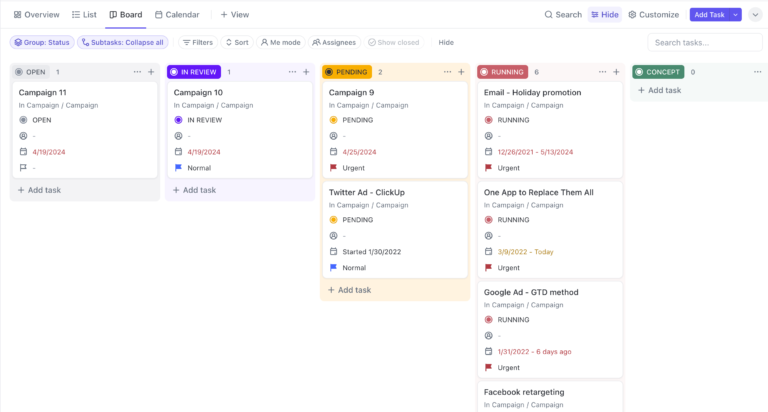 ClickUp’s Kanban-style task board with color-coded statuses, due dates, priorities, and campaign-related tasks.