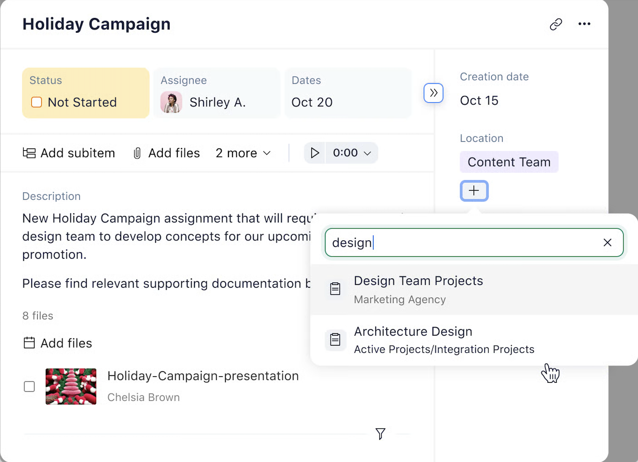 Wrike task view showing a project linked to multiple folders and spaces to support cross-team collaboration.