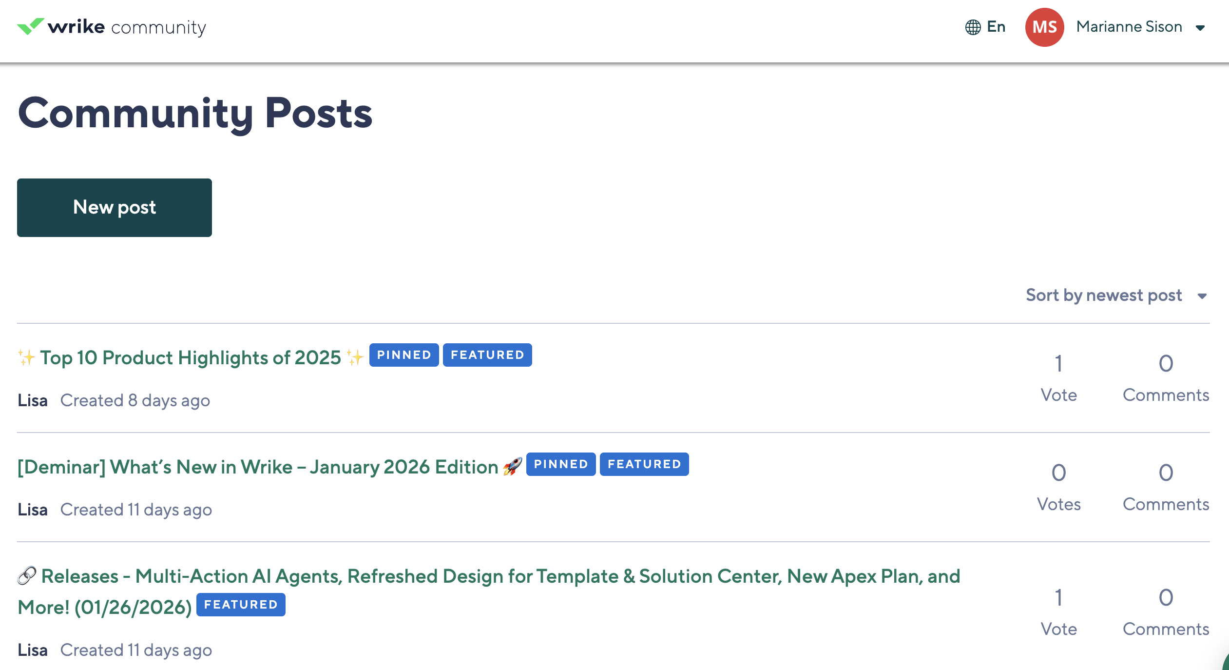 Wrike community page displaying featured posts, product announcements, and user discussion threads.
