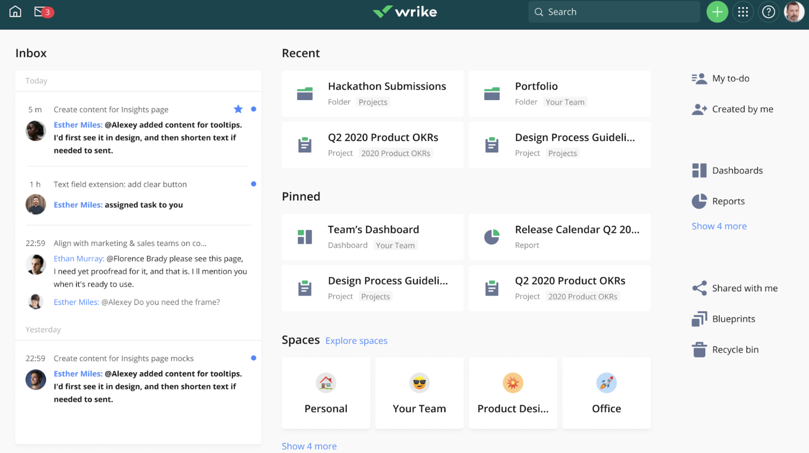 Wrike home dashboard showing inbox notifications, recent projects, pinned dashboards, and workspace navigation menu.