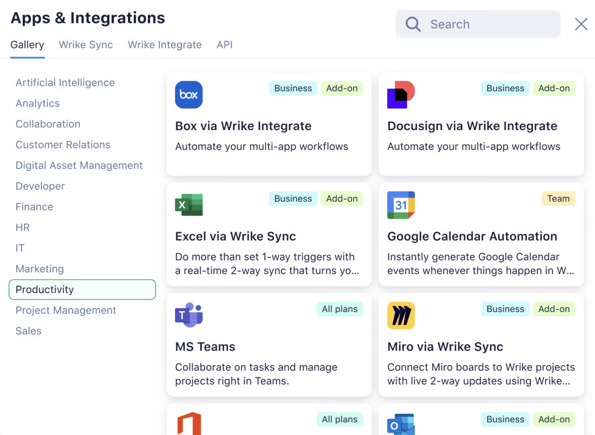 Wrike integrations gallery displaying app connections such as Box, DocuSign, Excel, Google Calendar, MS Teams, and Miro.
