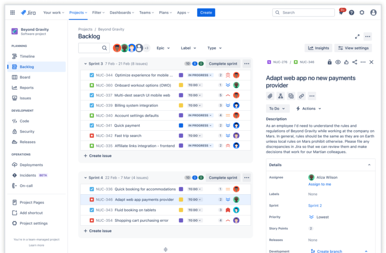 Jira Agile backlog view displaying sprints, issues, assignees, story points, and development-related task details.