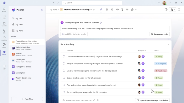 Microsoft Planner task list in Microsoft Teams showing assigned tasks, status labels, and AI-assisted task suggestions.