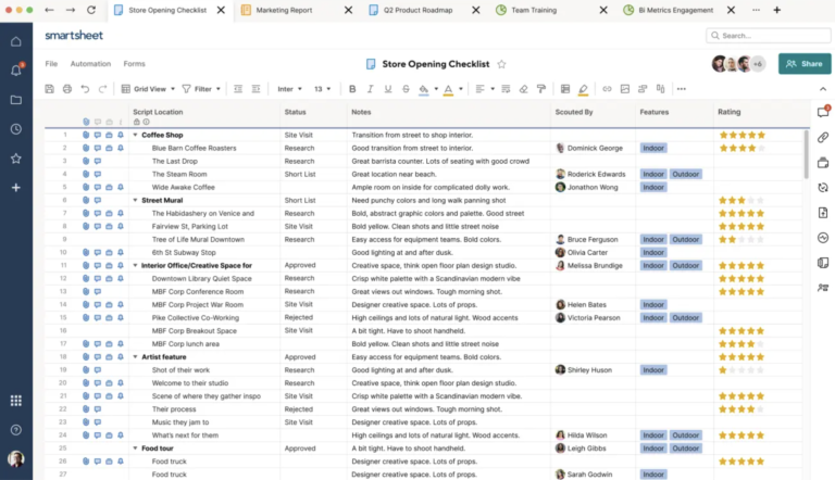 Smartsheet grid view showing rows, columns, attachments, comments, and status fields in a spreadsheet-style layout.